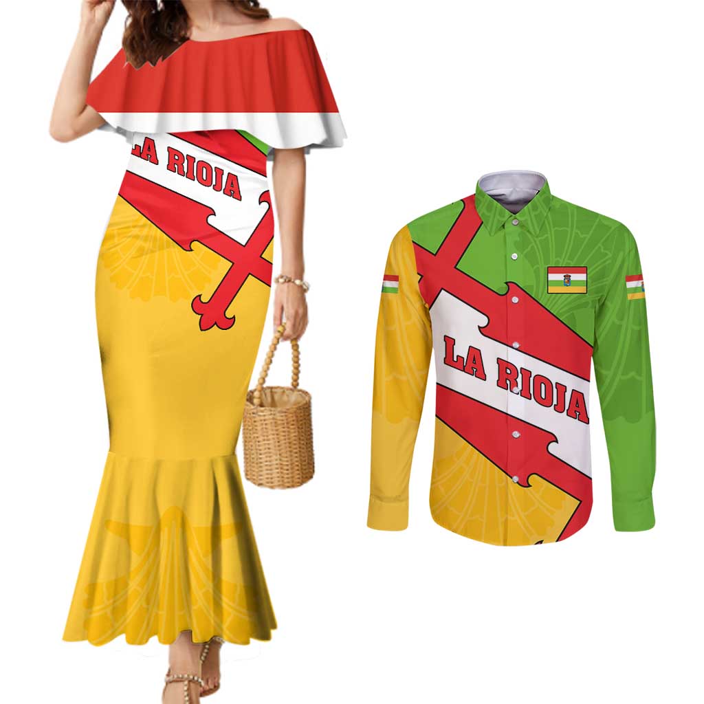 La Rioja Flag Couples Matching Mermaid Dress and Long Sleeve Button Shirt Autonomous Community of Spain - Wonder Print Shop