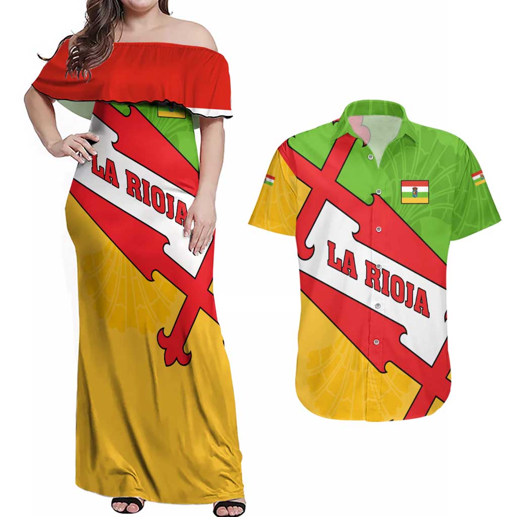 La Rioja Flag Couples Matching Off Shoulder Maxi Dress and Hawaiian Shirt Autonomous Community of Spain - Wonder Print Shop