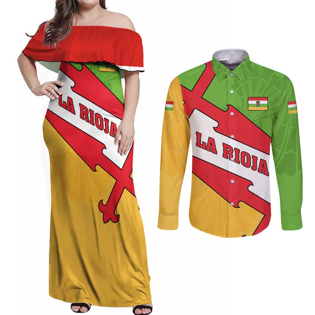 La Rioja Flag Couples Matching Off Shoulder Maxi Dress and Long Sleeve Button Shirt Autonomous Community of Spain - Wonder Print Shop