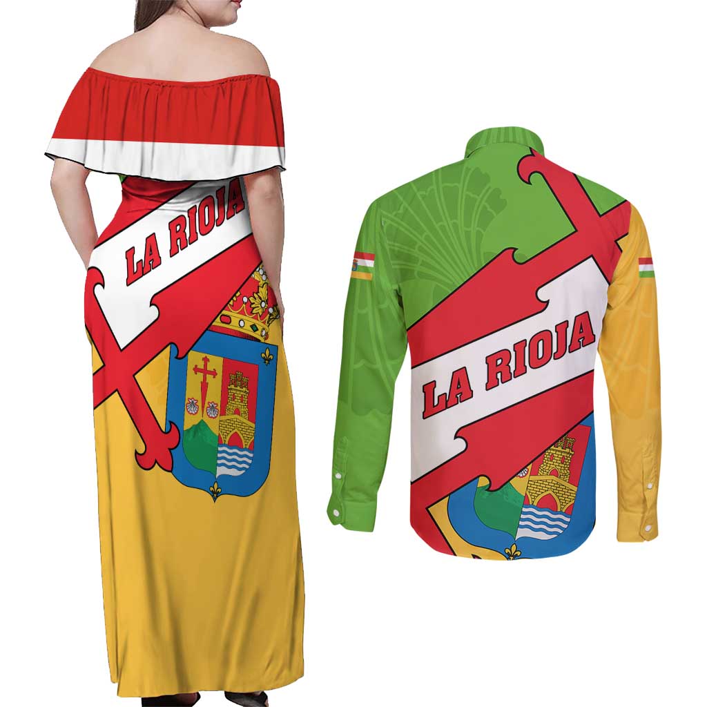 La Rioja Flag Couples Matching Off Shoulder Maxi Dress and Long Sleeve Button Shirt Autonomous Community of Spain - Wonder Print Shop