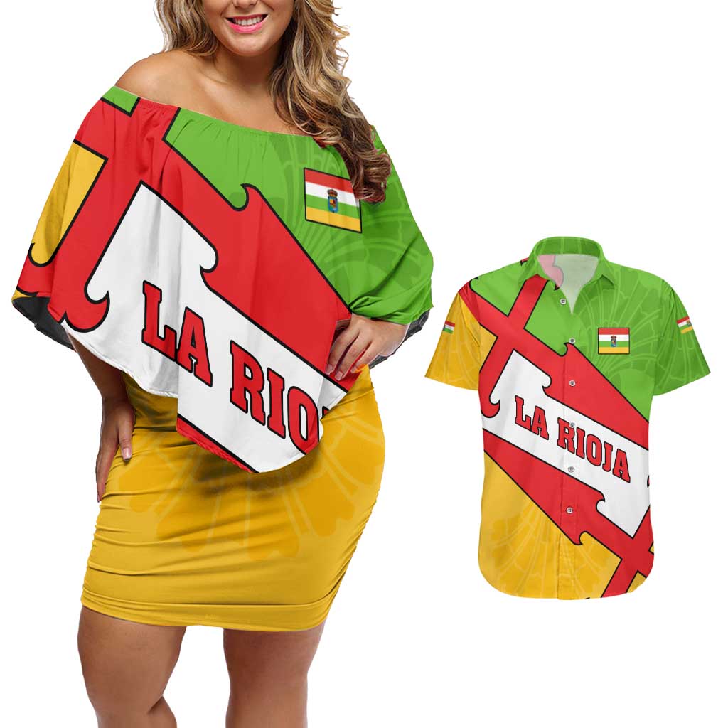 La Rioja Flag Couples Matching Off Shoulder Short Dress and Hawaiian Shirt Autonomous Community of Spain - Wonder Print Shop