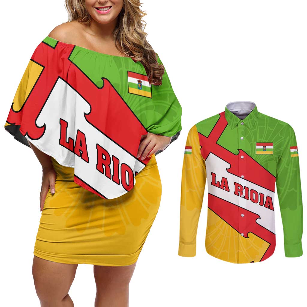 La Rioja Flag Couples Matching Off Shoulder Short Dress and Long Sleeve Button Shirt Autonomous Community of Spain - Wonder Print Shop