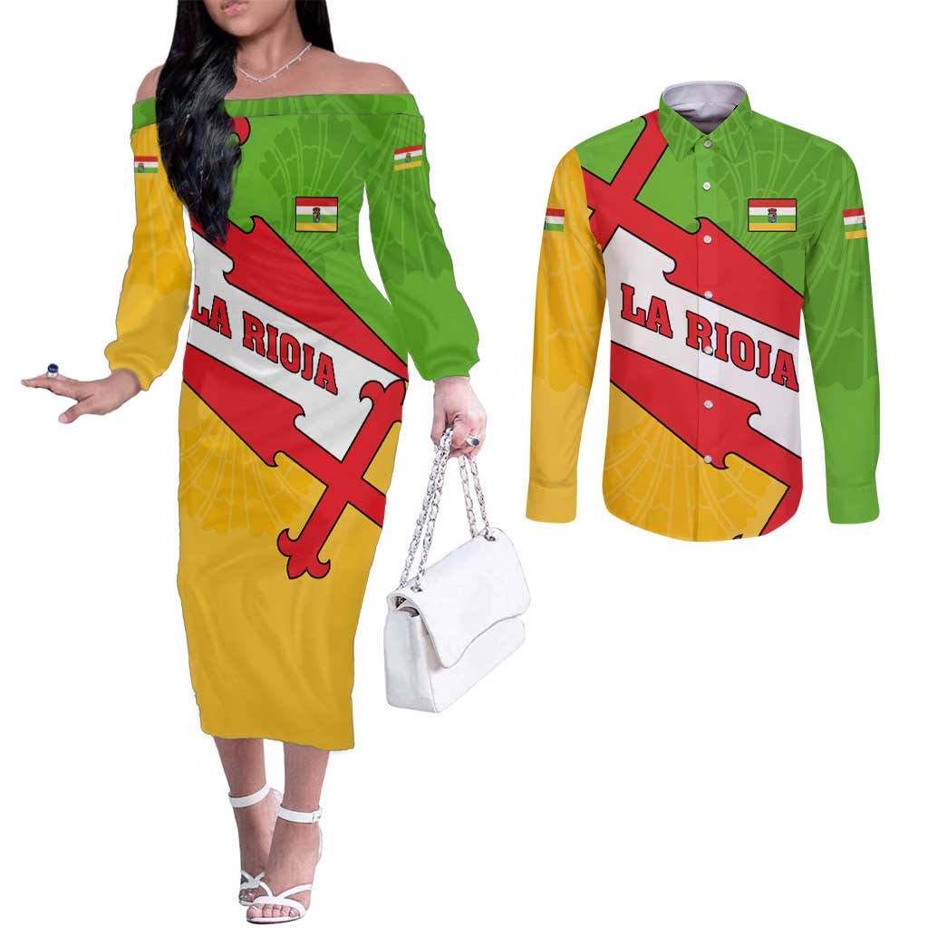 La Rioja Flag Couples Matching Off The Shoulder Long Sleeve Dress and Long Sleeve Button Shirt Autonomous Community of Spain - Wonder Print Shop