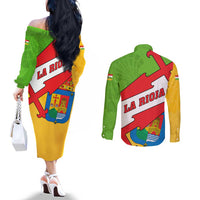 La Rioja Flag Couples Matching Off The Shoulder Long Sleeve Dress and Long Sleeve Button Shirt Autonomous Community of Spain - Wonder Print Shop