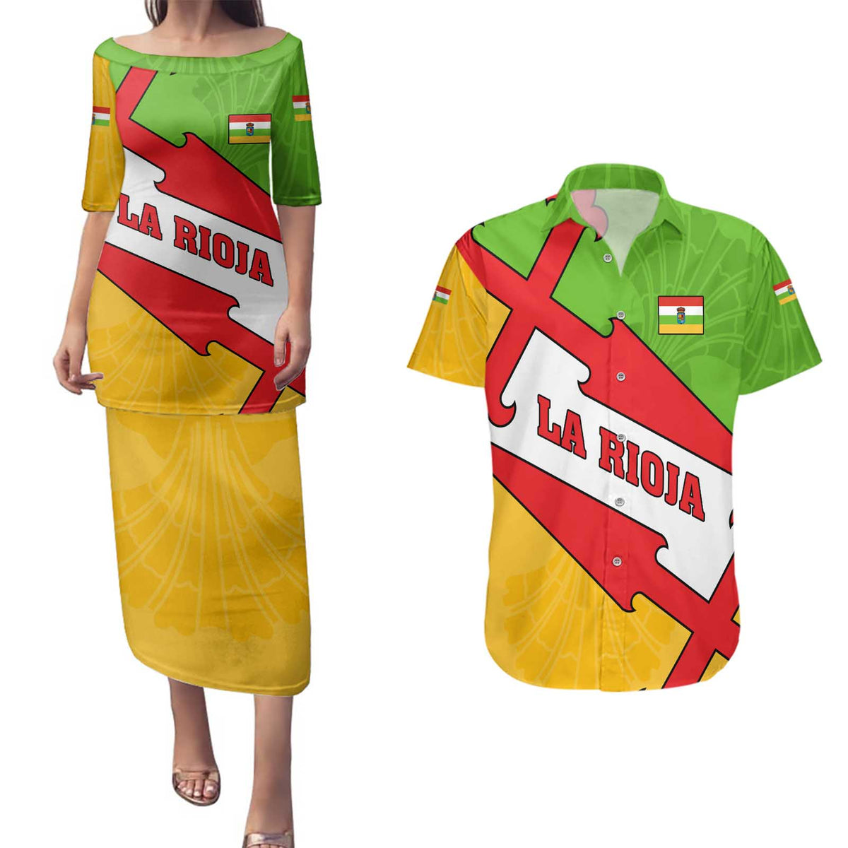 La Rioja Flag Couples Matching Puletasi and Hawaiian Shirt Autonomous Community of Spain - Wonder Print Shop