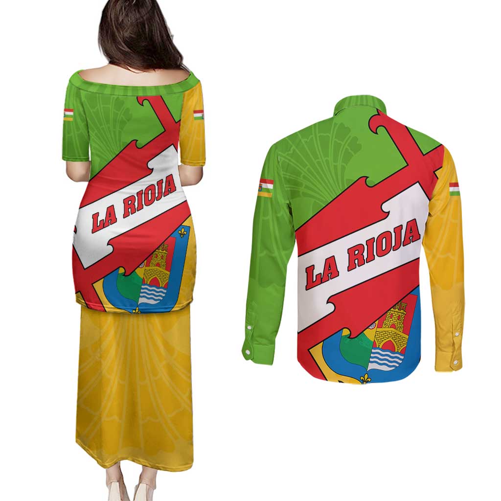 La Rioja Flag Couples Matching Puletasi and Long Sleeve Button Shirt Autonomous Community of Spain - Wonder Print Shop