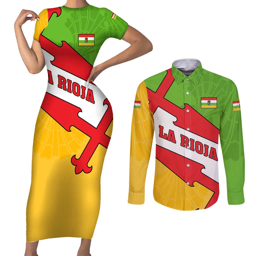 La Rioja Flag Couples Matching Short Sleeve Bodycon Dress and Long Sleeve Button Shirt Autonomous Community of Spain - Wonder Print Shop