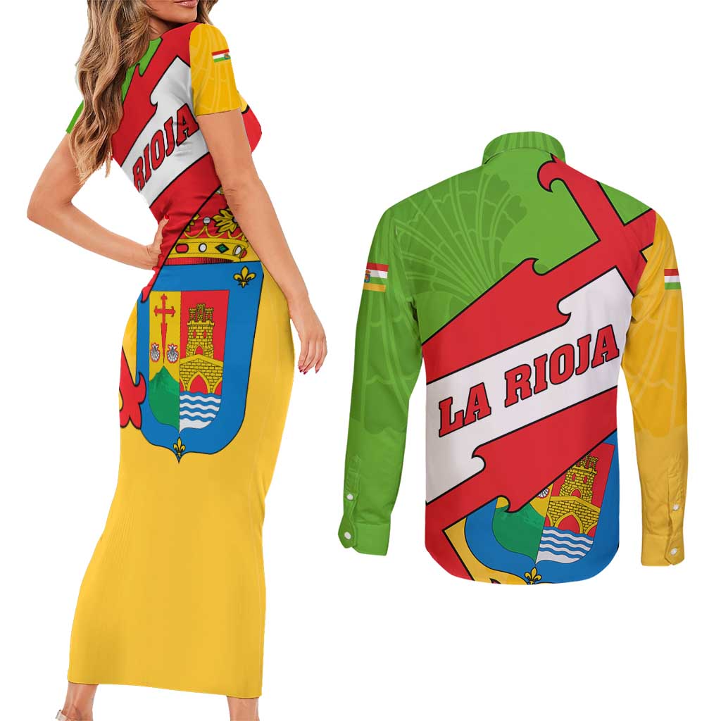 La Rioja Flag Couples Matching Short Sleeve Bodycon Dress and Long Sleeve Button Shirt Autonomous Community of Spain - Wonder Print Shop