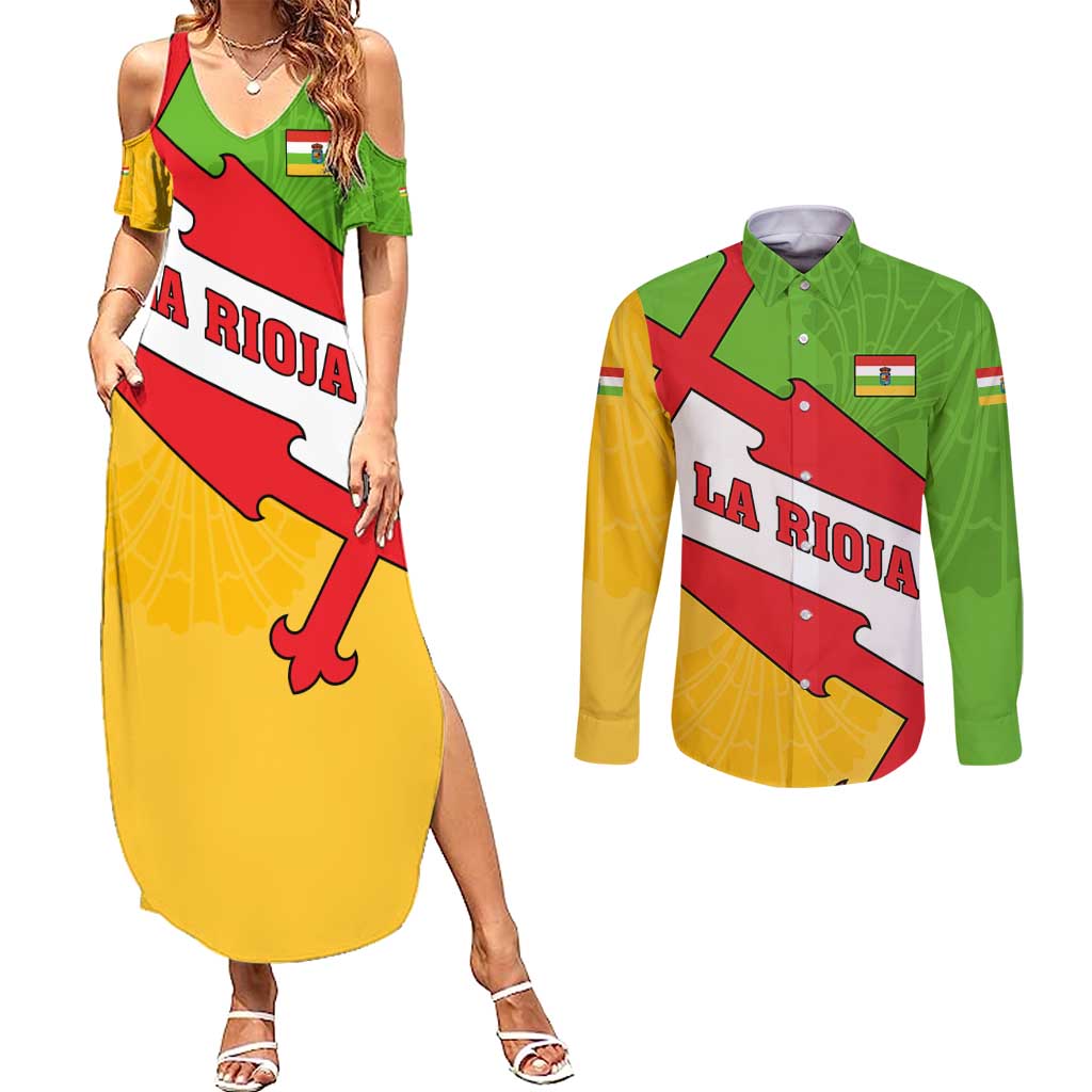 La Rioja Flag Couples Matching Summer Maxi Dress and Long Sleeve Button Shirt Autonomous Community of Spain - Wonder Print Shop