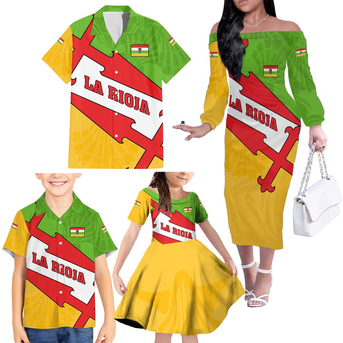 La Rioja Flag Family Matching Off The Shoulder Long Sleeve Dress and Hawaiian Shirt Autonomous Community of Spain - Wonder Print Shop