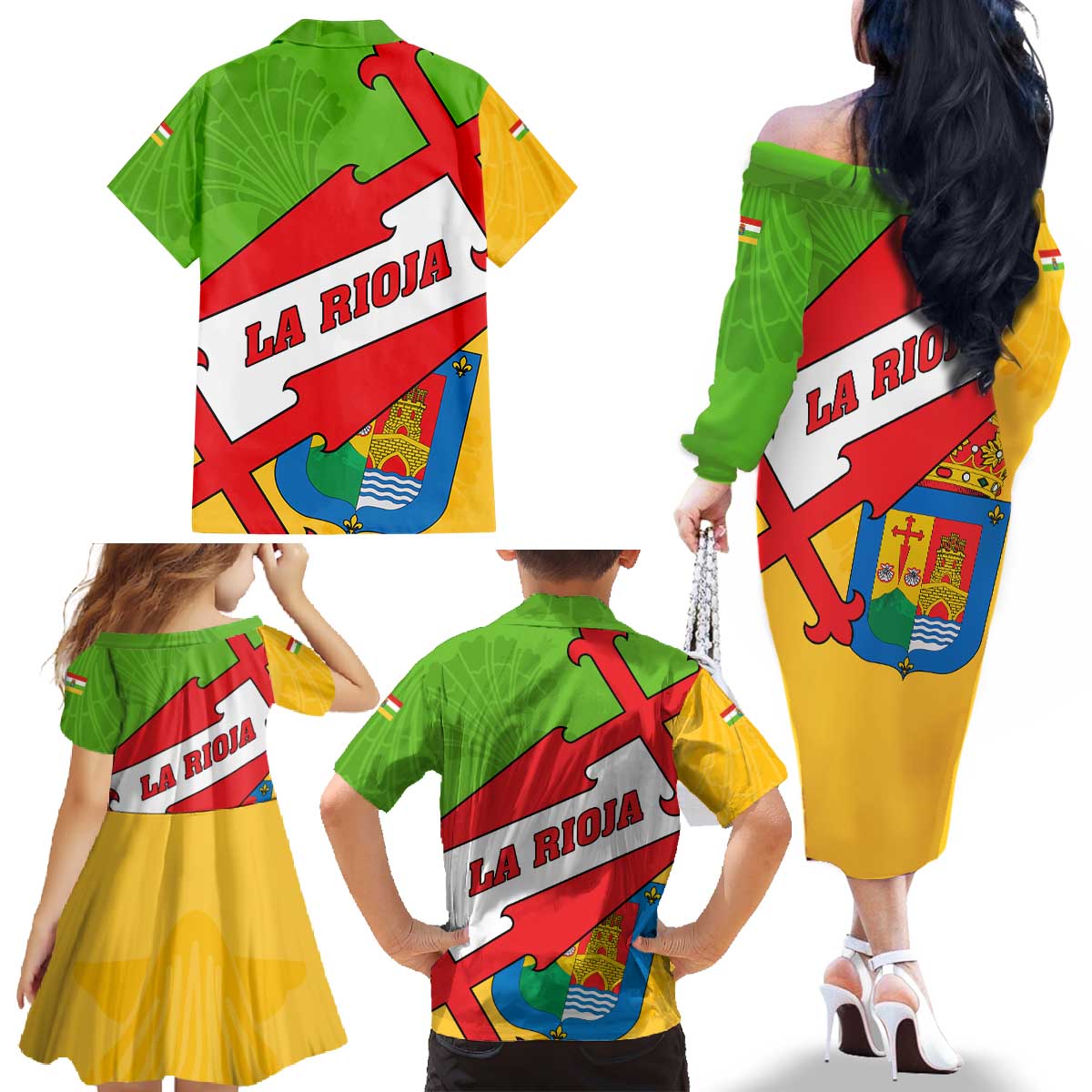 La Rioja Flag Family Matching Off The Shoulder Long Sleeve Dress and Hawaiian Shirt Autonomous Community of Spain - Wonder Print Shop
