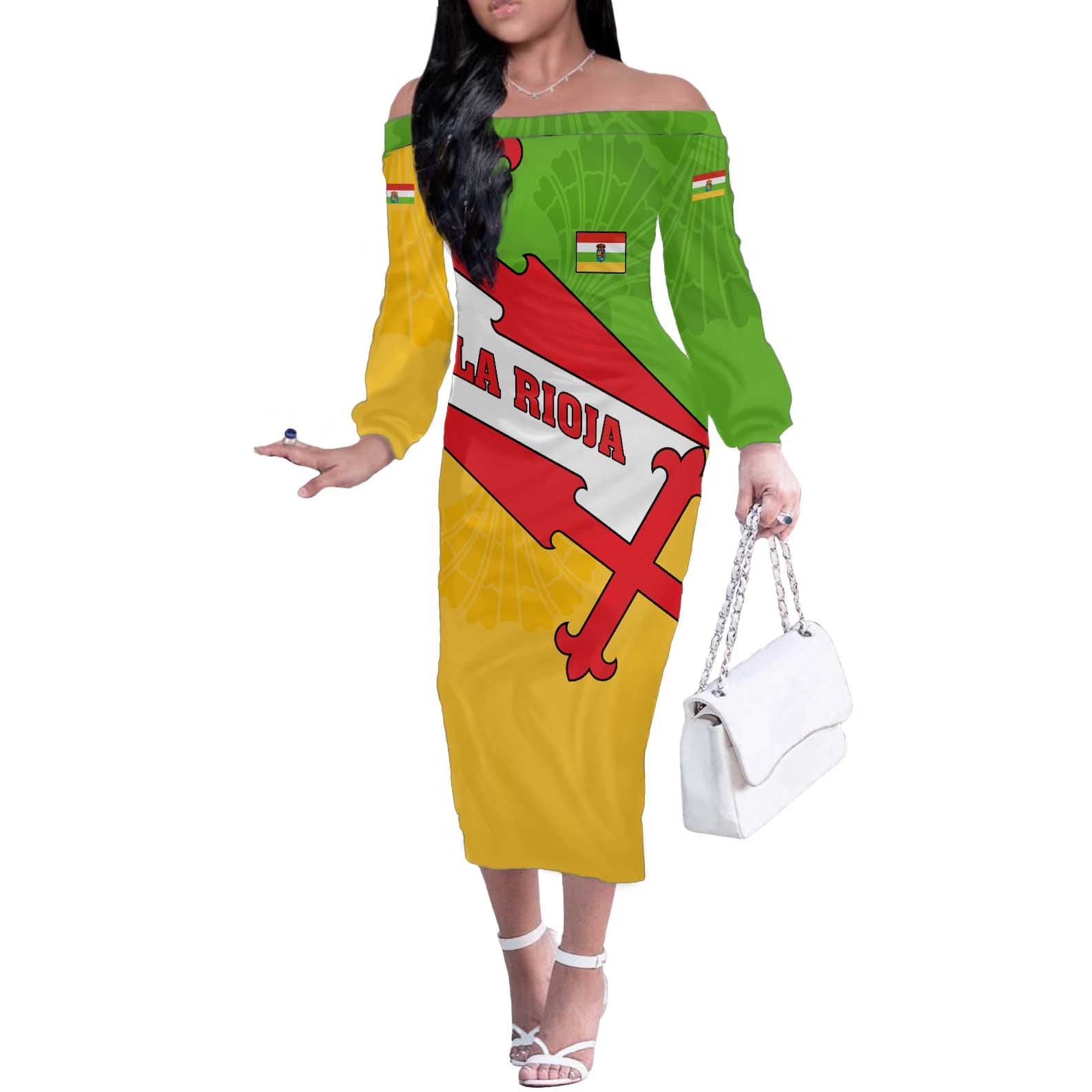 La Rioja Flag Off The Shoulder Long Sleeve Dress Autonomous Community of Spain - Wonder Print Shop
