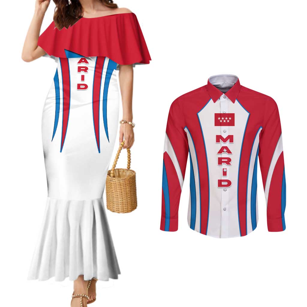 Madrid Flag Couples Matching Mermaid Dress and Long Sleeve Button Shirt Autonomous Community of Spain - Wonder Print Shop
