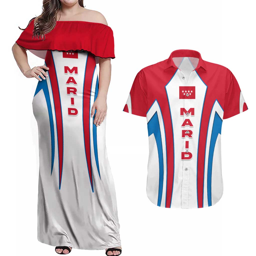 Madrid Flag Couples Matching Off Shoulder Maxi Dress and Hawaiian Shirt Autonomous Community of Spain - Wonder Print Shop