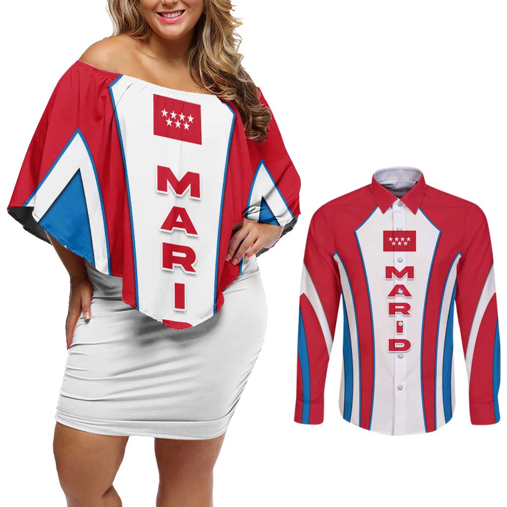 Madrid Flag Couples Matching Off Shoulder Short Dress and Long Sleeve Button Shirt Autonomous Community of Spain - Wonder Print Shop