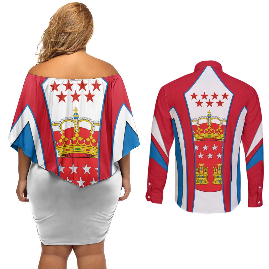 Madrid Flag Couples Matching Off Shoulder Short Dress and Long Sleeve Button Shirt Autonomous Community of Spain - Wonder Print Shop