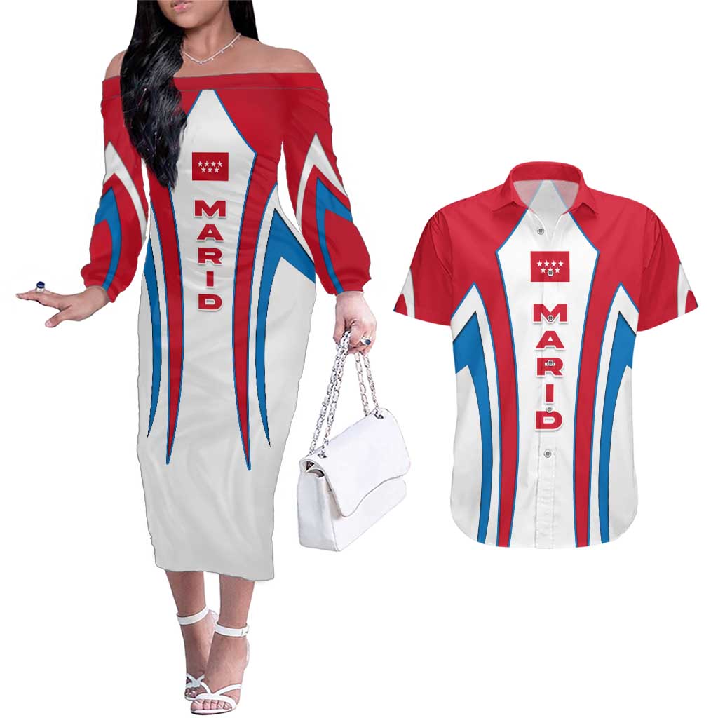 Madrid Flag Couples Matching Off The Shoulder Long Sleeve Dress and Hawaiian Shirt Autonomous Community of Spain - Wonder Print Shop