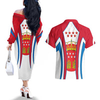 Madrid Flag Couples Matching Off The Shoulder Long Sleeve Dress and Hawaiian Shirt Autonomous Community of Spain - Wonder Print Shop