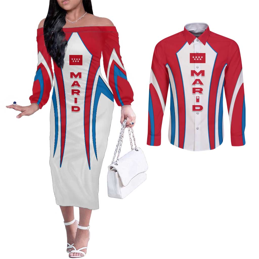 Madrid Flag Couples Matching Off The Shoulder Long Sleeve Dress and Long Sleeve Button Shirt Autonomous Community of Spain - Wonder Print Shop