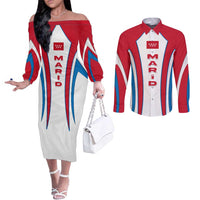 Madrid Flag Couples Matching Off The Shoulder Long Sleeve Dress and Long Sleeve Button Shirt Autonomous Community of Spain - Wonder Print Shop