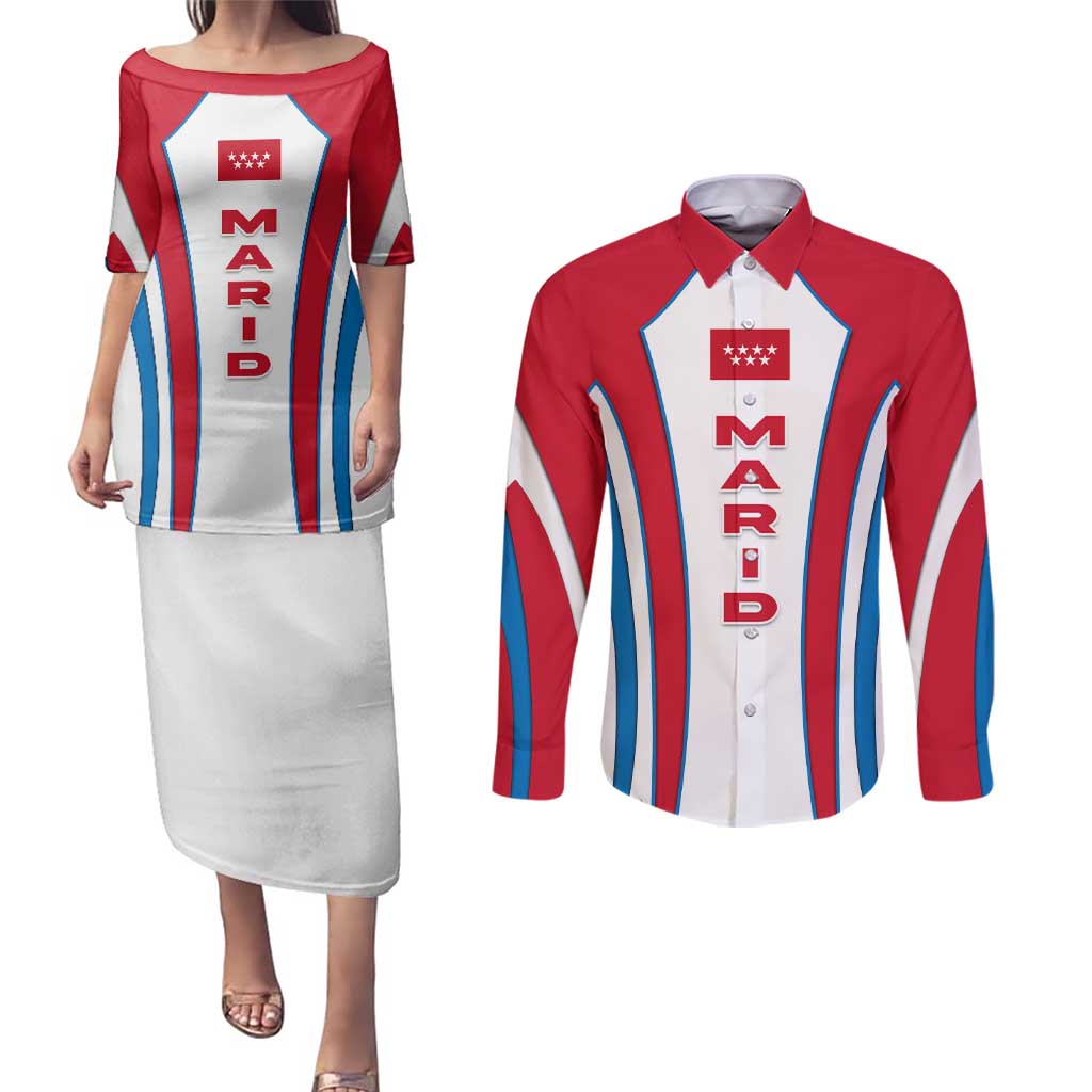 Madrid Flag Couples Matching Puletasi and Long Sleeve Button Shirt Autonomous Community of Spain - Wonder Print Shop