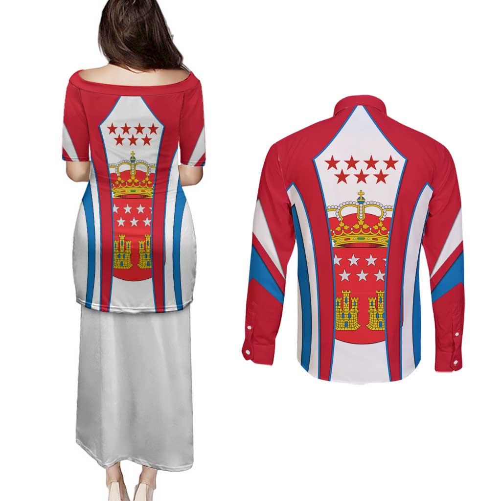 Madrid Flag Couples Matching Puletasi and Long Sleeve Button Shirt Autonomous Community of Spain - Wonder Print Shop