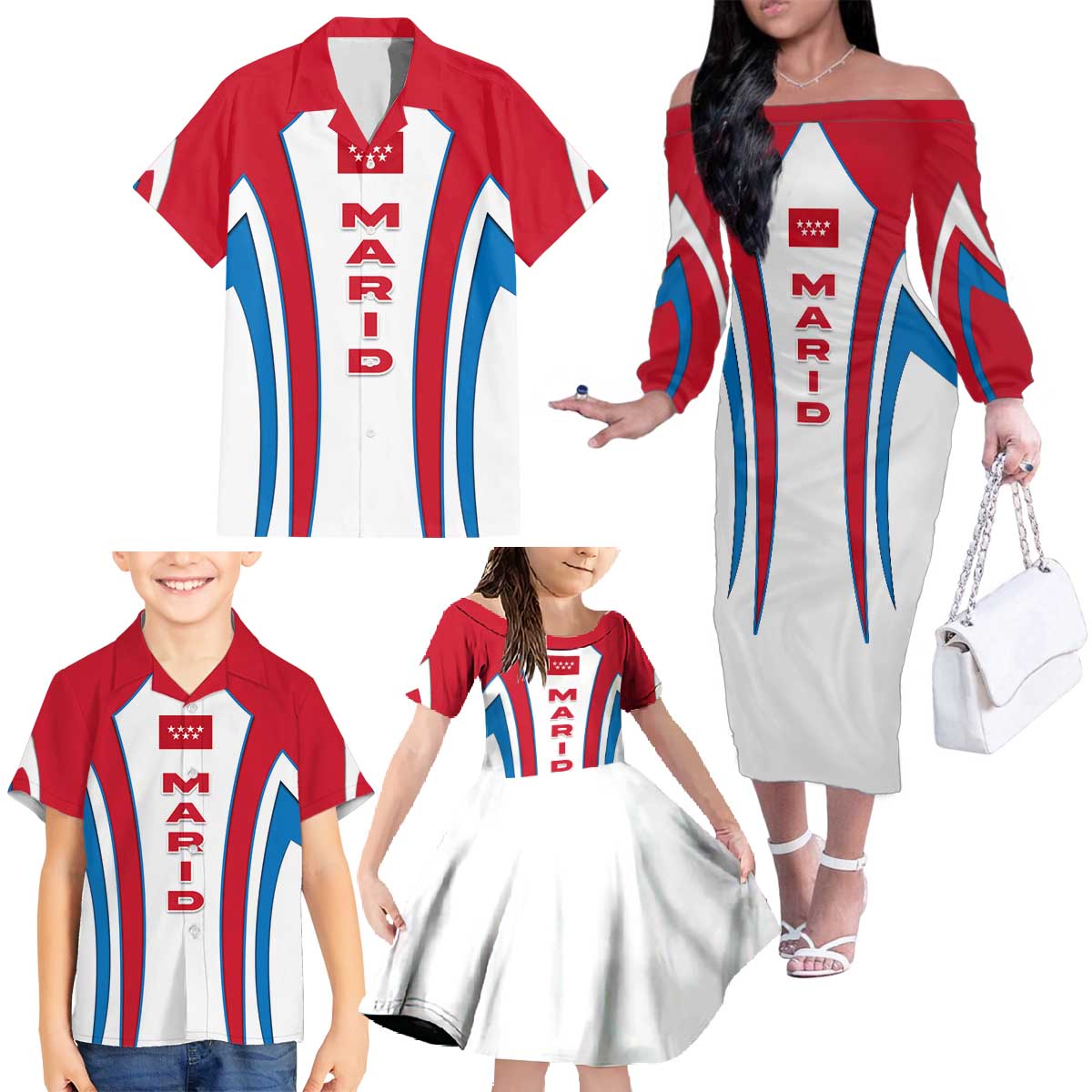 Madrid Flag Family Matching Off The Shoulder Long Sleeve Dress and Hawaiian Shirt Autonomous Community of Spain - Wonder Print Shop
