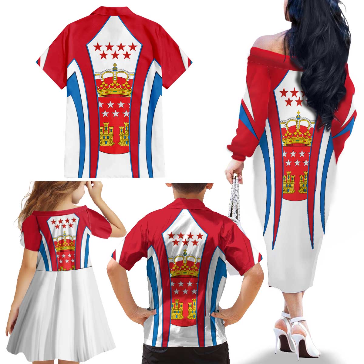 Madrid Flag Family Matching Off The Shoulder Long Sleeve Dress and Hawaiian Shirt Autonomous Community of Spain - Wonder Print Shop