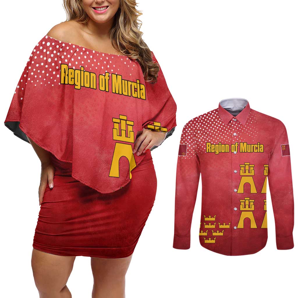 Region of Murcia Flag Couples Matching Off Shoulder Short Dress and Long Sleeve Button Shirt Autonomous Community of Spain - Wonder Print Shop
