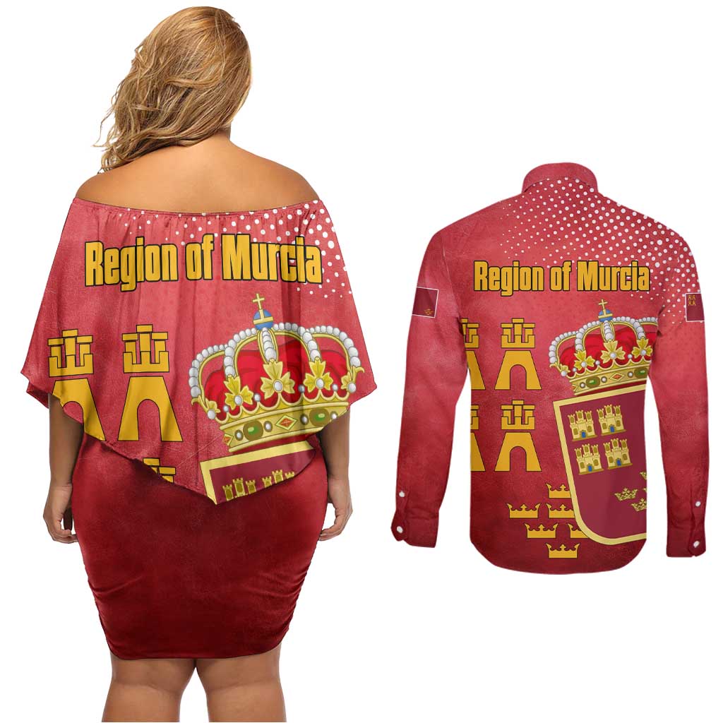 Region of Murcia Flag Couples Matching Off Shoulder Short Dress and Long Sleeve Button Shirt Autonomous Community of Spain - Wonder Print Shop
