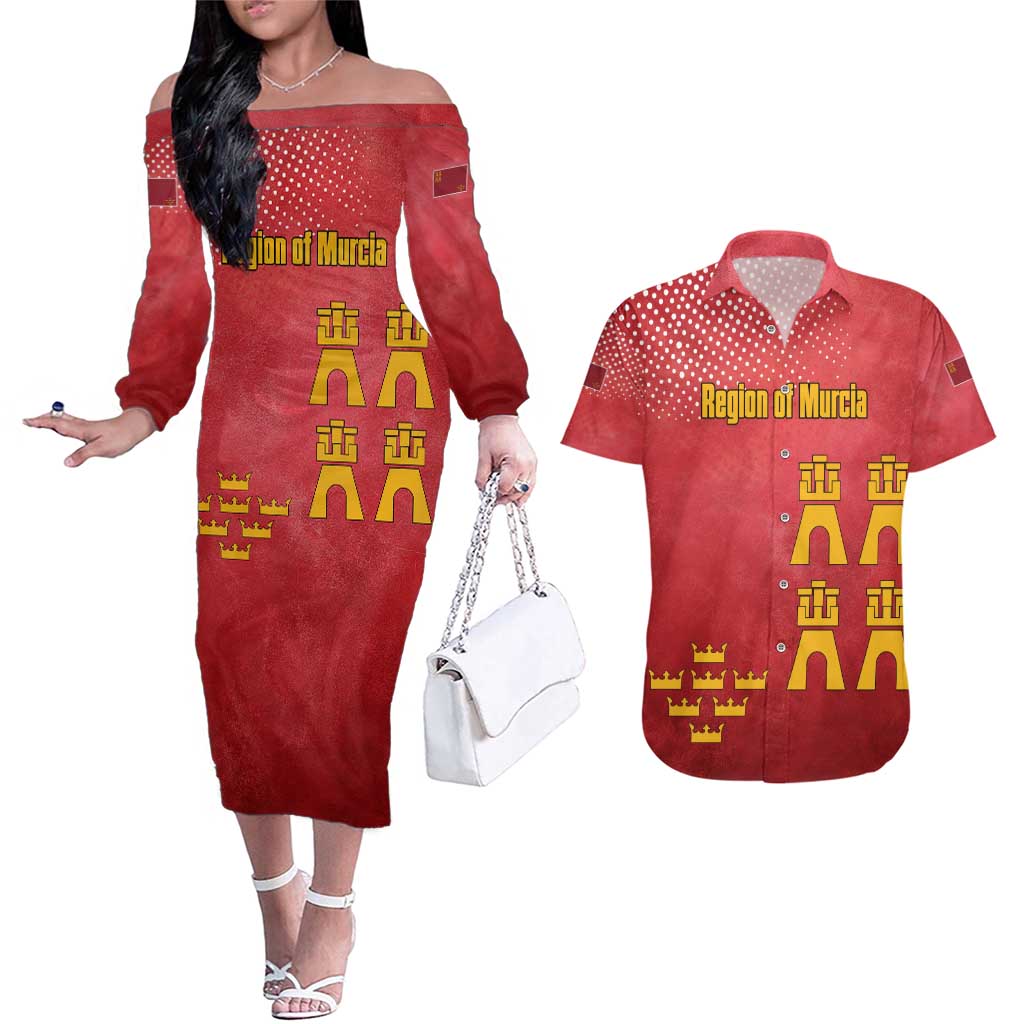 Region of Murcia Flag Couples Matching Off The Shoulder Long Sleeve Dress and Hawaiian Shirt Autonomous Community of Spain - Wonder Print Shop