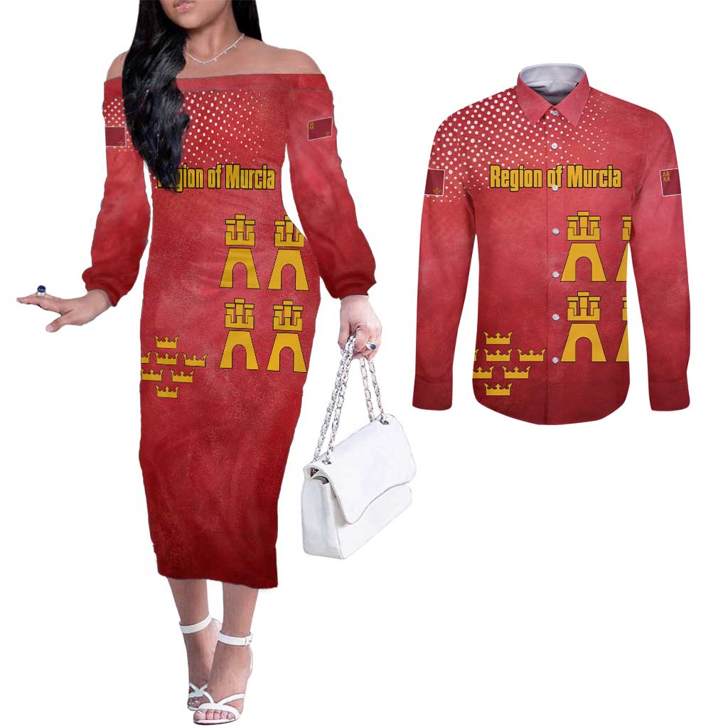 Region of Murcia Flag Couples Matching Off The Shoulder Long Sleeve Dress and Long Sleeve Button Shirt Autonomous Community of Spain - Wonder Print Shop