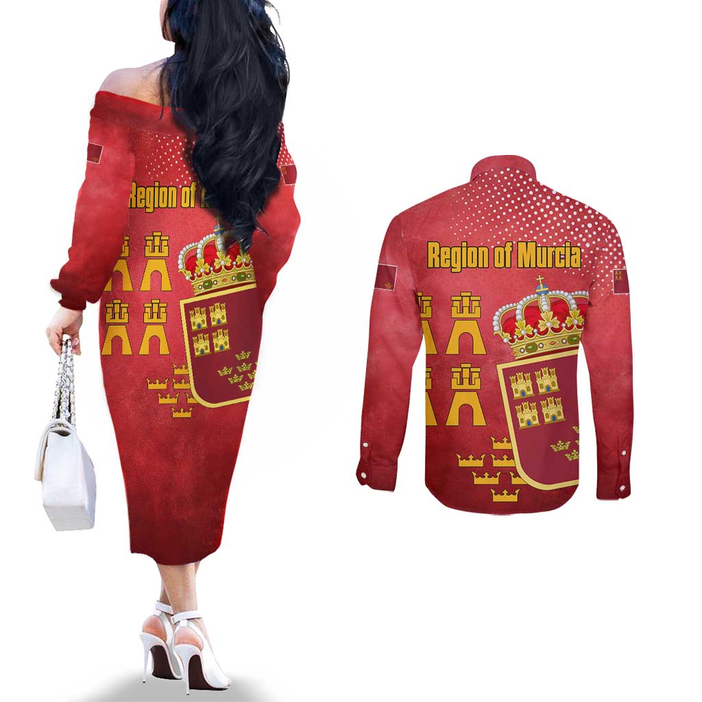 Region of Murcia Flag Couples Matching Off The Shoulder Long Sleeve Dress and Long Sleeve Button Shirt Autonomous Community of Spain - Wonder Print Shop
