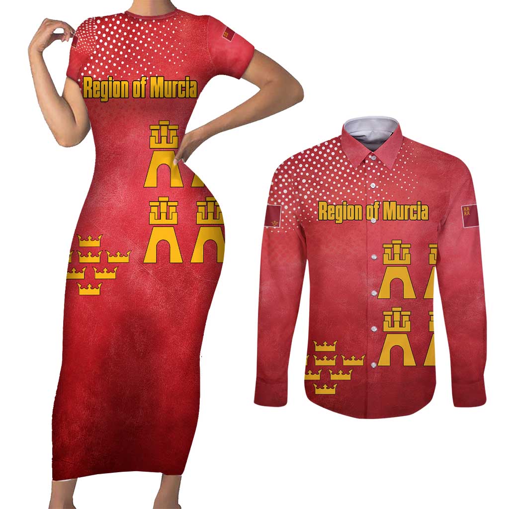 Region of Murcia Flag Couples Matching Short Sleeve Bodycon Dress and Long Sleeve Button Shirt Autonomous Community of Spain - Wonder Print Shop
