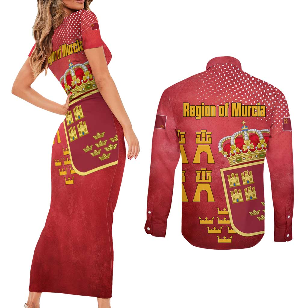 Region of Murcia Flag Couples Matching Short Sleeve Bodycon Dress and Long Sleeve Button Shirt Autonomous Community of Spain - Wonder Print Shop