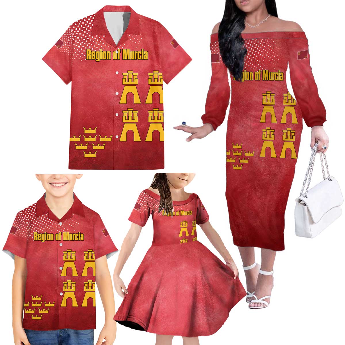Region of Murcia Flag Family Matching Off The Shoulder Long Sleeve Dress and Hawaiian Shirt Autonomous Community of Spain - Wonder Print Shop