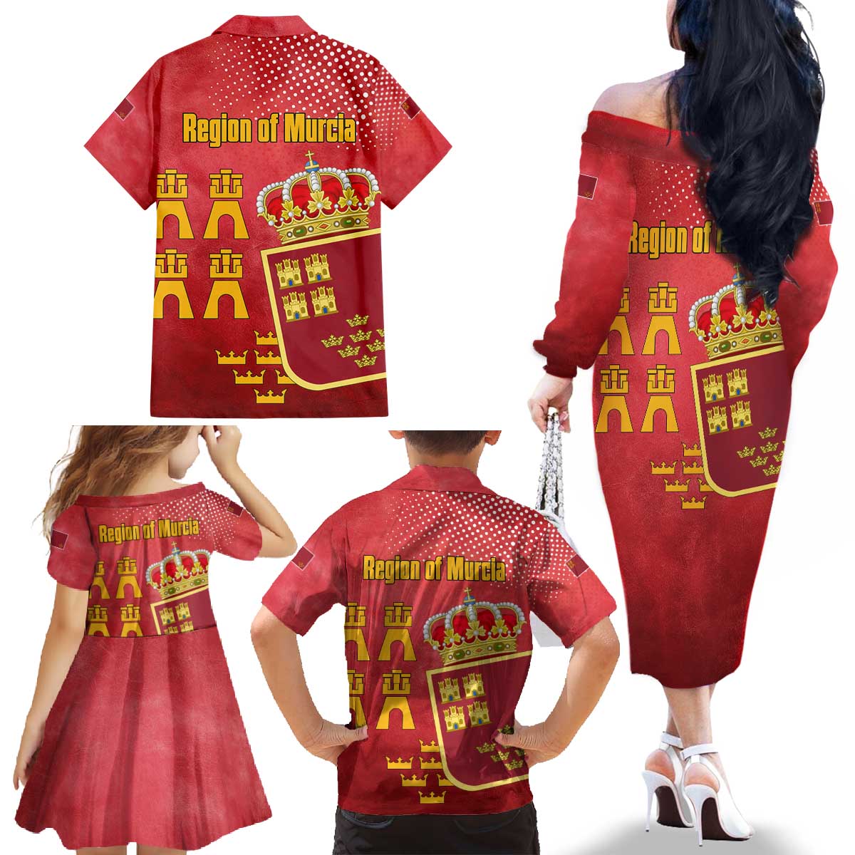 Region of Murcia Flag Family Matching Off The Shoulder Long Sleeve Dress and Hawaiian Shirt Autonomous Community of Spain - Wonder Print Shop