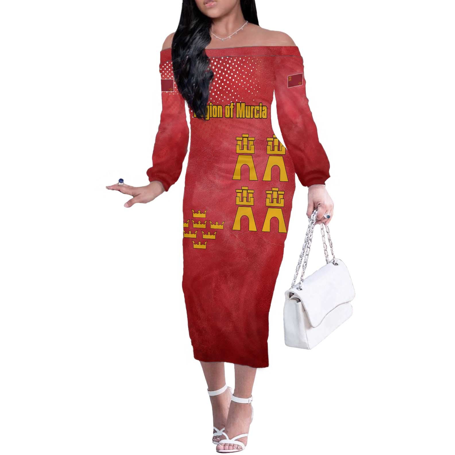 Region of Murcia Flag Off The Shoulder Long Sleeve Dress Autonomous Community of Spain - Wonder Print Shop