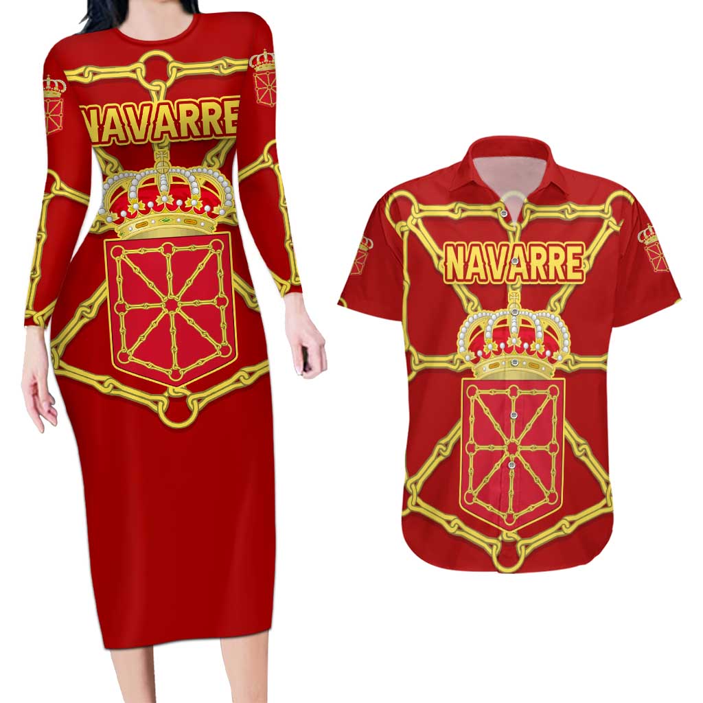 Navarre Flag Couples Matching Long Sleeve Bodycon Dress and Hawaiian Shirt Autonomous Community of Spain - Wonder Print Shop