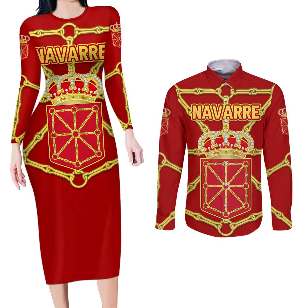Navarre Flag Couples Matching Long Sleeve Bodycon Dress and Long Sleeve Button Shirt Autonomous Community of Spain - Wonder Print Shop