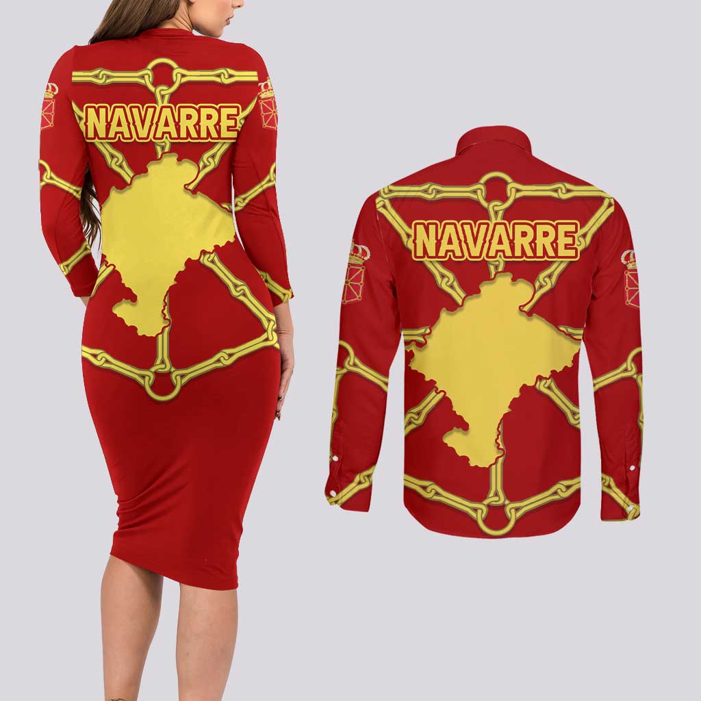 Navarre Flag Couples Matching Long Sleeve Bodycon Dress and Long Sleeve Button Shirt Autonomous Community of Spain - Wonder Print Shop