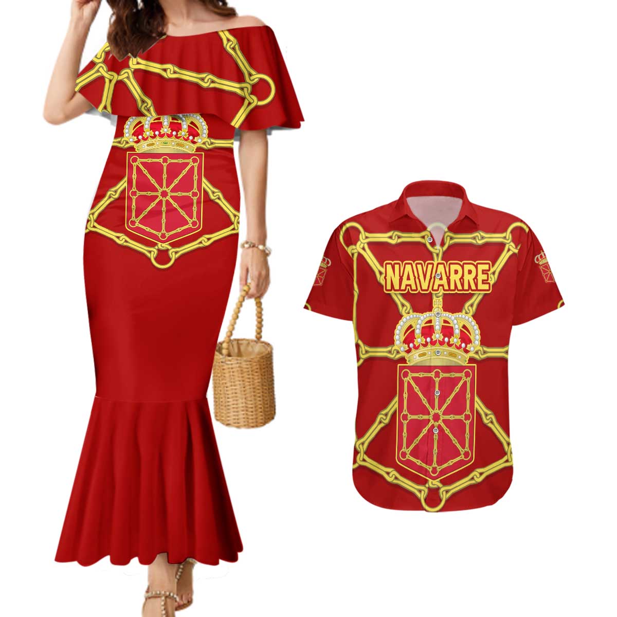 Navarre Flag Couples Matching Mermaid Dress and Hawaiian Shirt Autonomous Community of Spain - Wonder Print Shop
