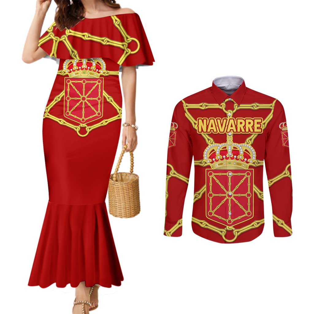 Navarre Flag Couples Matching Mermaid Dress and Long Sleeve Button Shirt Autonomous Community of Spain - Wonder Print Shop