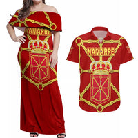 Navarre Flag Couples Matching Off Shoulder Maxi Dress and Hawaiian Shirt Autonomous Community of Spain - Wonder Print Shop