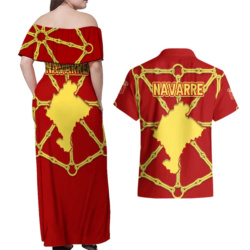 Navarre Flag Couples Matching Off Shoulder Maxi Dress and Hawaiian Shirt Autonomous Community of Spain - Wonder Print Shop
