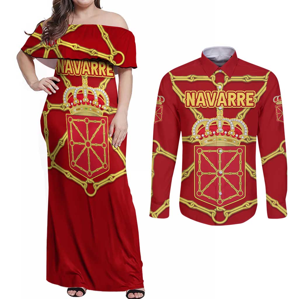 Navarre Flag Couples Matching Off Shoulder Maxi Dress and Long Sleeve Button Shirt Autonomous Community of Spain - Wonder Print Shop