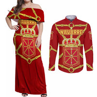 Navarre Flag Couples Matching Off Shoulder Maxi Dress and Long Sleeve Button Shirt Autonomous Community of Spain - Wonder Print Shop