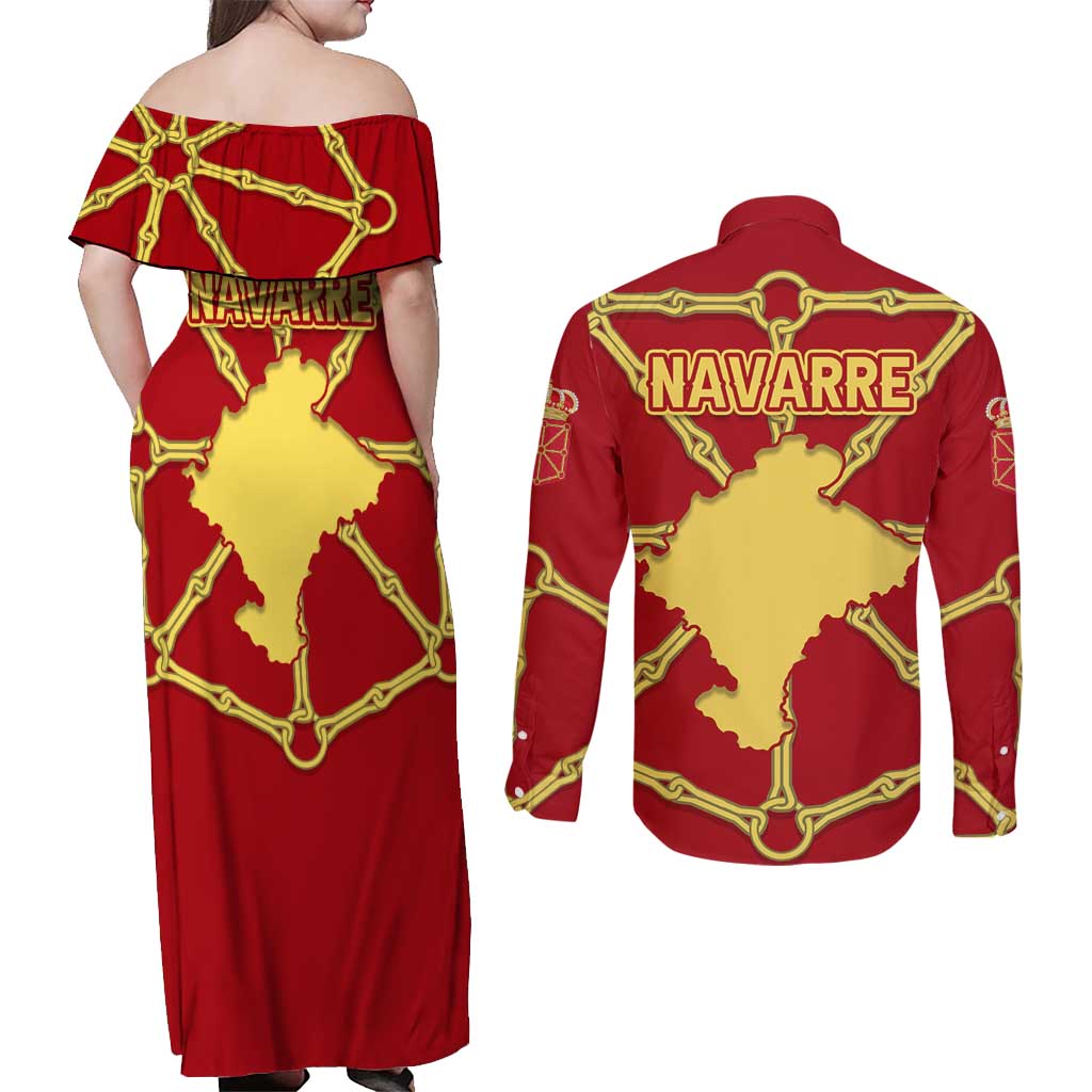 Navarre Flag Couples Matching Off Shoulder Maxi Dress and Long Sleeve Button Shirt Autonomous Community of Spain - Wonder Print Shop