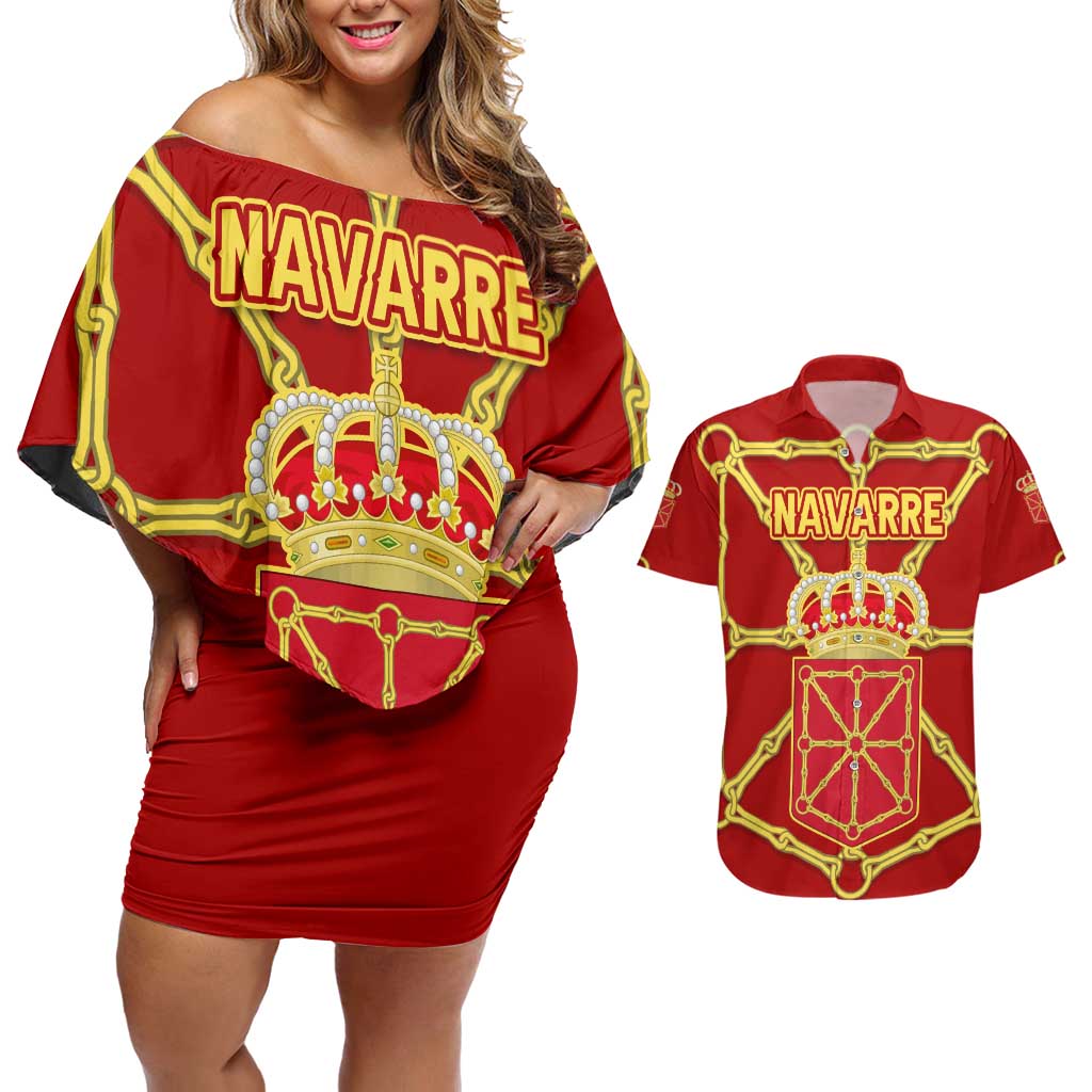 Navarre Flag Couples Matching Off Shoulder Short Dress and Hawaiian Shirt Autonomous Community of Spain - Wonder Print Shop
