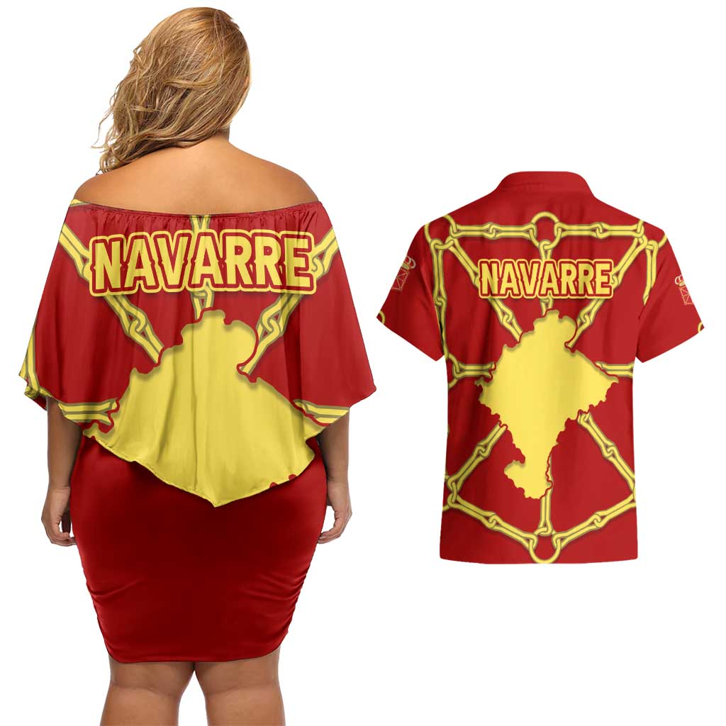 Navarre Flag Couples Matching Off Shoulder Short Dress and Hawaiian Shirt Autonomous Community of Spain - Wonder Print Shop